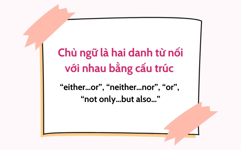 Chủ ngữ là hai danh từ nối với nhau bằng cấu trúc "either… or", "neither… nor", "or", "not only… but also..."