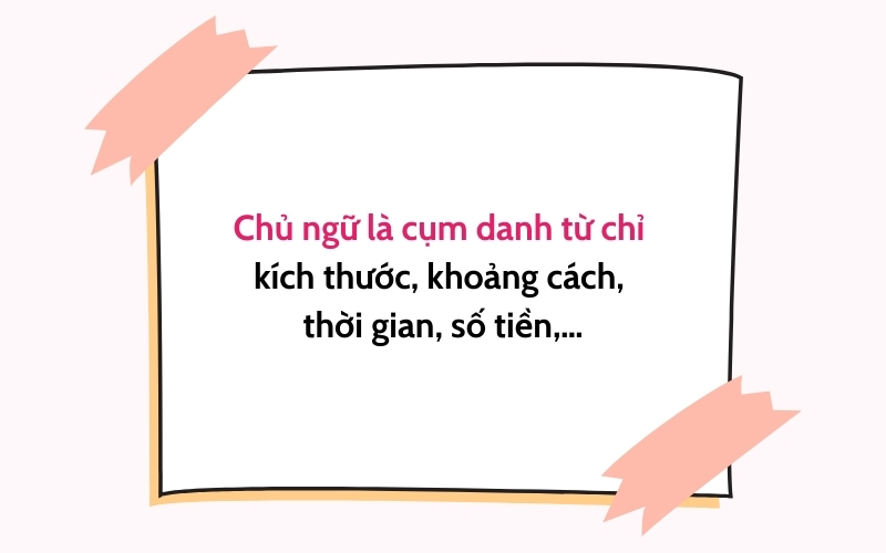 Chủ ngữ là cụm danh từ chỉ kích thước, khoảng cách, thời gian, số tiền,…